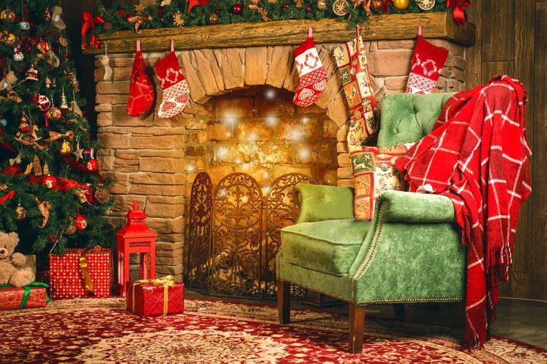 christmas scene of fireplace and tree
