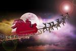 santa's sleigh flies past the moon
